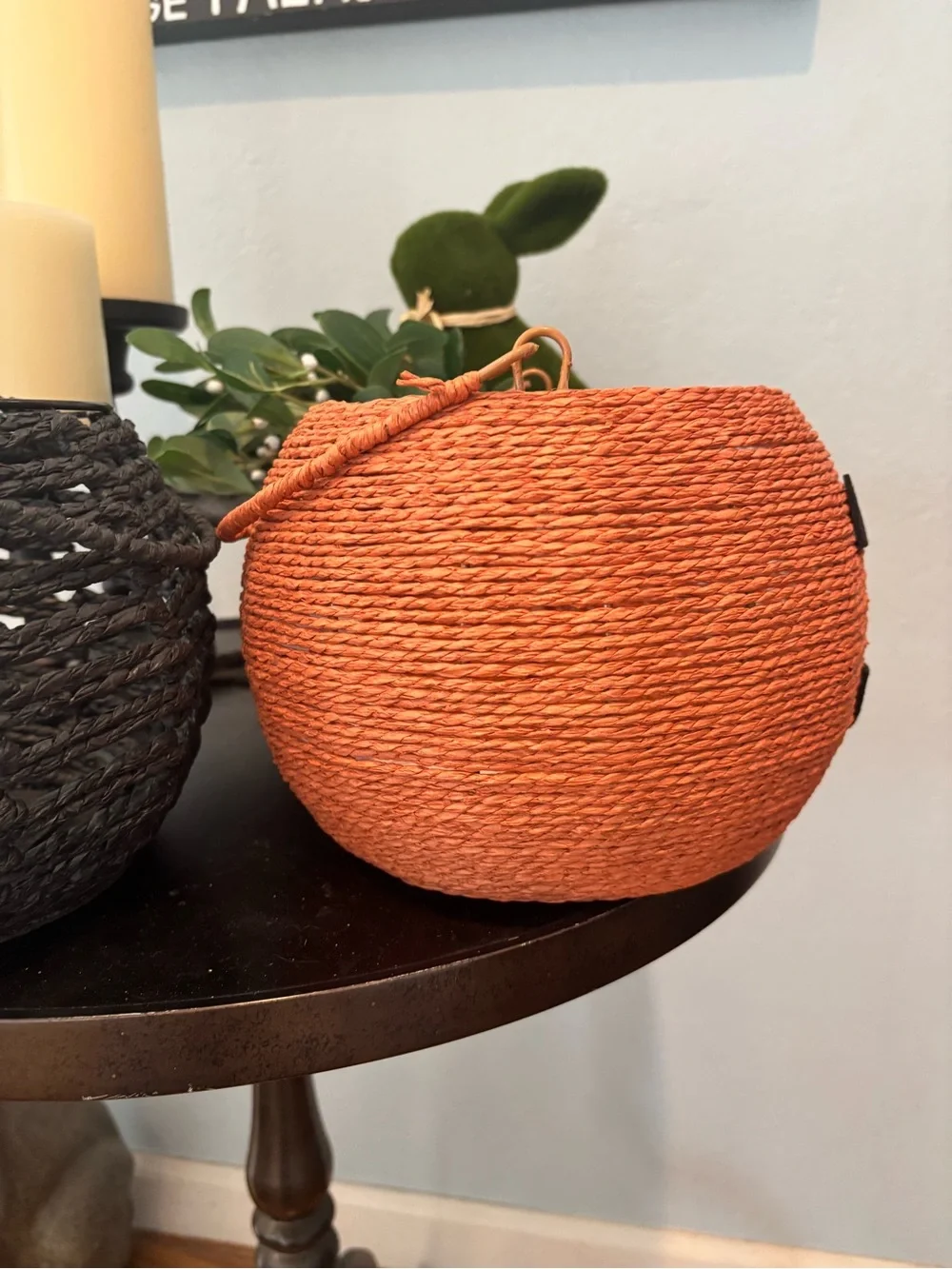 Pair Halloween Top Handle Woven Baskets Pumpkin Jack-o’-Lantern Black Cat New